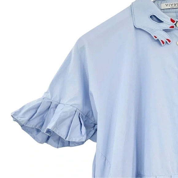 VIVETTA Esmeralda Baby Blue Embroidered Collar Ruffled Short Sleeve Midi Dress - Picture 5 of 8